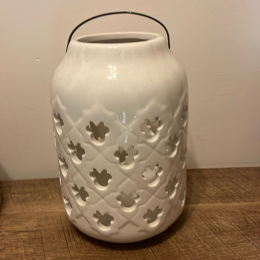 NEW Disney Minnie Mouse Silhouette Glaze White Ceramic Garden Lantern Handle